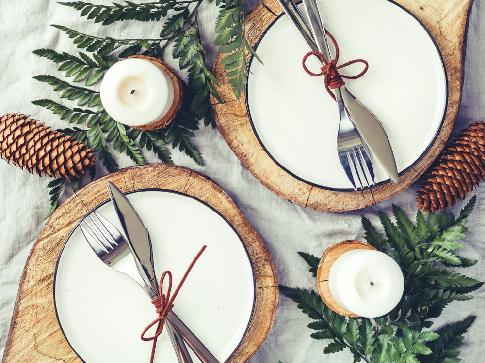 Festive,Table,Setting,Among,Winter,Decorations,And,White,Candles.,Top Festive,Table,Setting,Among,Winter,Decorations,And,White,Candles.,Top